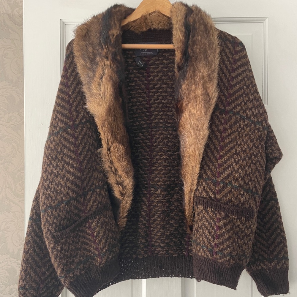 Ralph Lauren Collection Hand knit cardigan sweater fur collar L Vintage - Picture 2 of 9